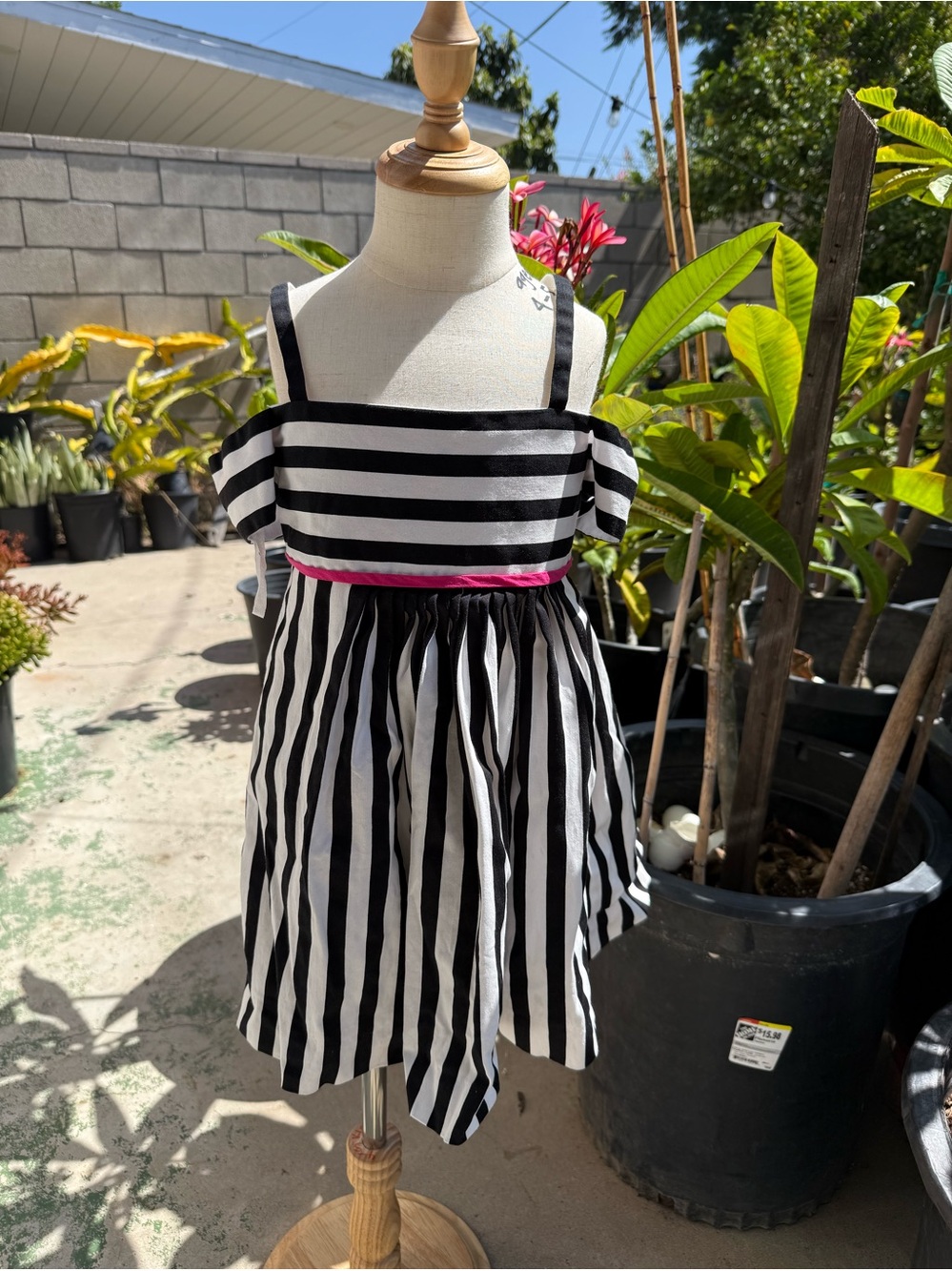 Helena Black & White Striped Off-Shoulder Dress with Pink Waistband